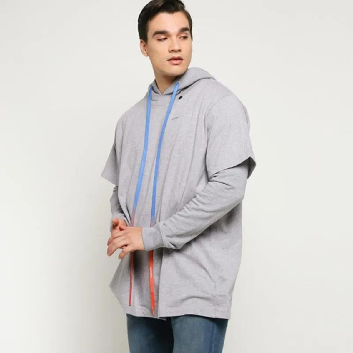 Off White Acrylic Double T-shirt Hoodie Grey Blue