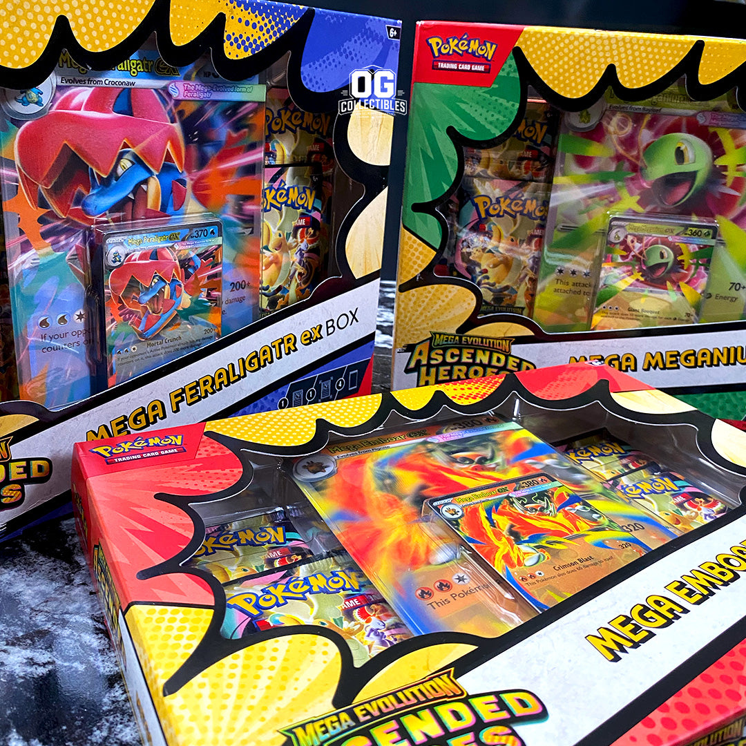 Pokemon TCG Mega Evolution Ascended Heroes Mega Meganium ex, Mega Emboar ex, and Mega Feraligatr ex Boxes