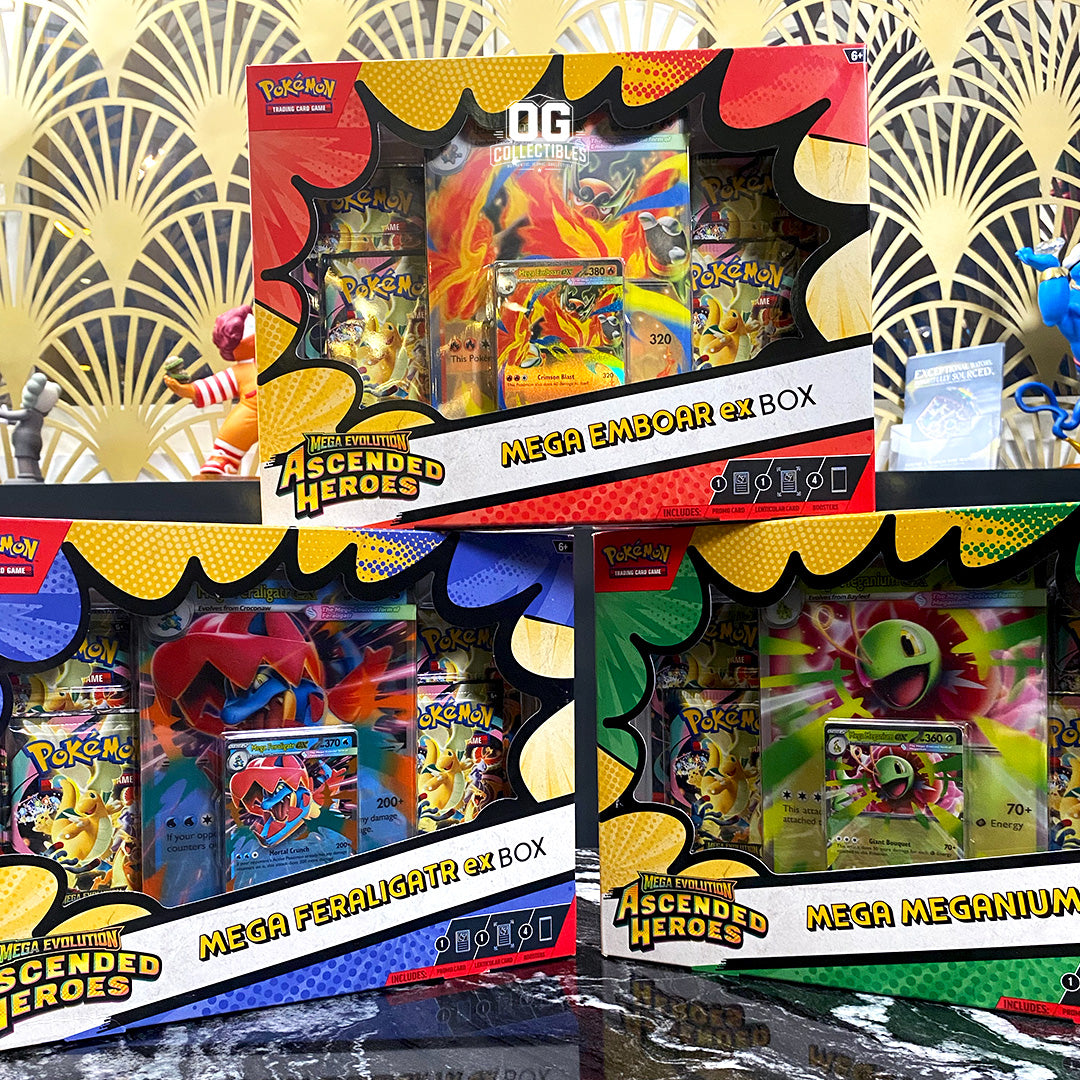 Pokemon TCG Mega Evolution Ascended Heroes Mega Meganium ex, Mega Emboar ex, and Mega Feraligatr ex Boxes