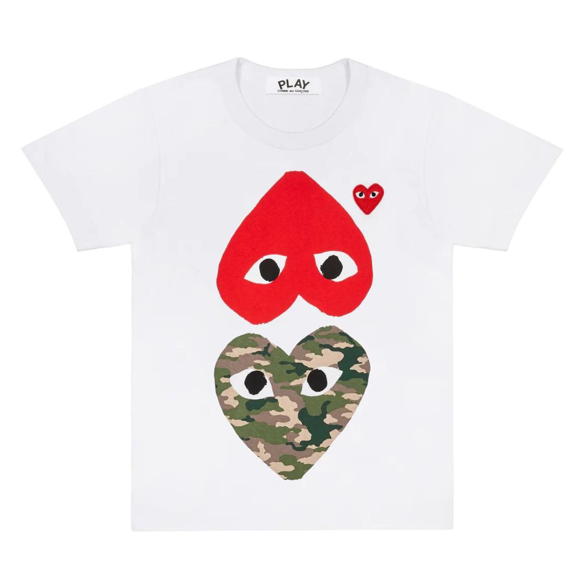 Comme Des Garcons Camo With Upside Down Heart White T-shirt Women