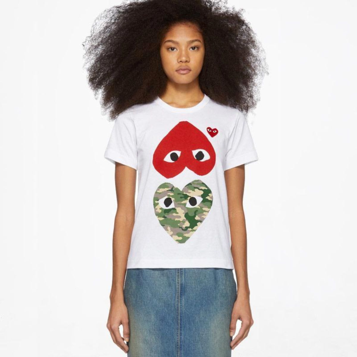 Comme Des Garcons Camo With Upside Down Heart White T-shirt Women