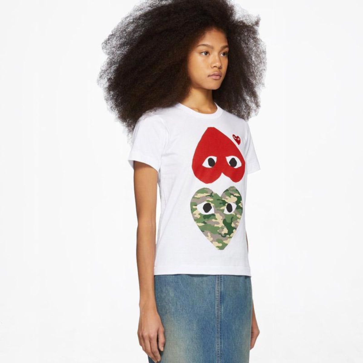 Comme Des Garcons Camo With Upside Down Heart White T-shirt Women