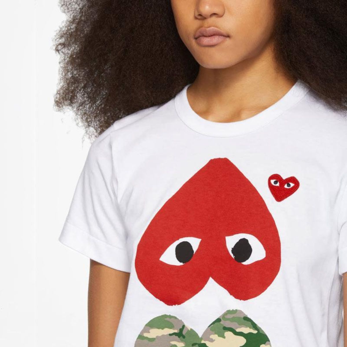 Comme Des Garcons Camo With Upside Down Heart White T-shirt Women