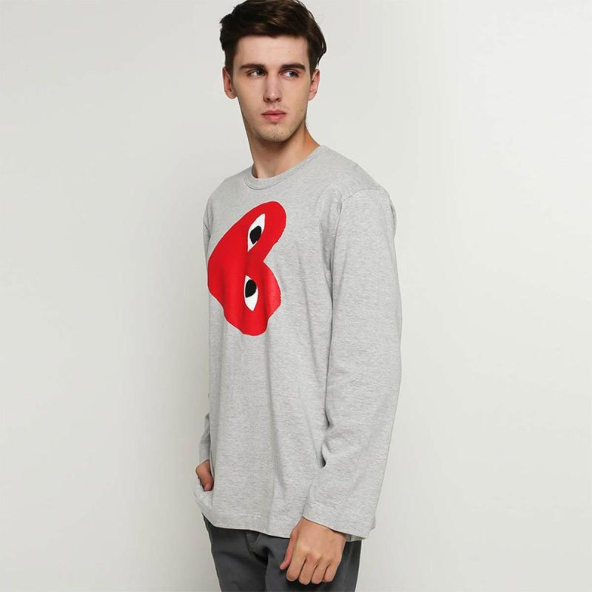 Comme Des Garcons Red Print Heart Grey Long Sleeve T-Shirt