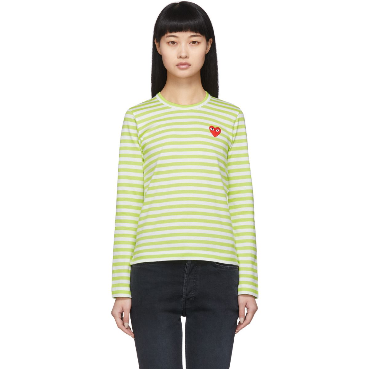 Comme Des Garcons Play Striped Green Long Sleeve T-Shirt