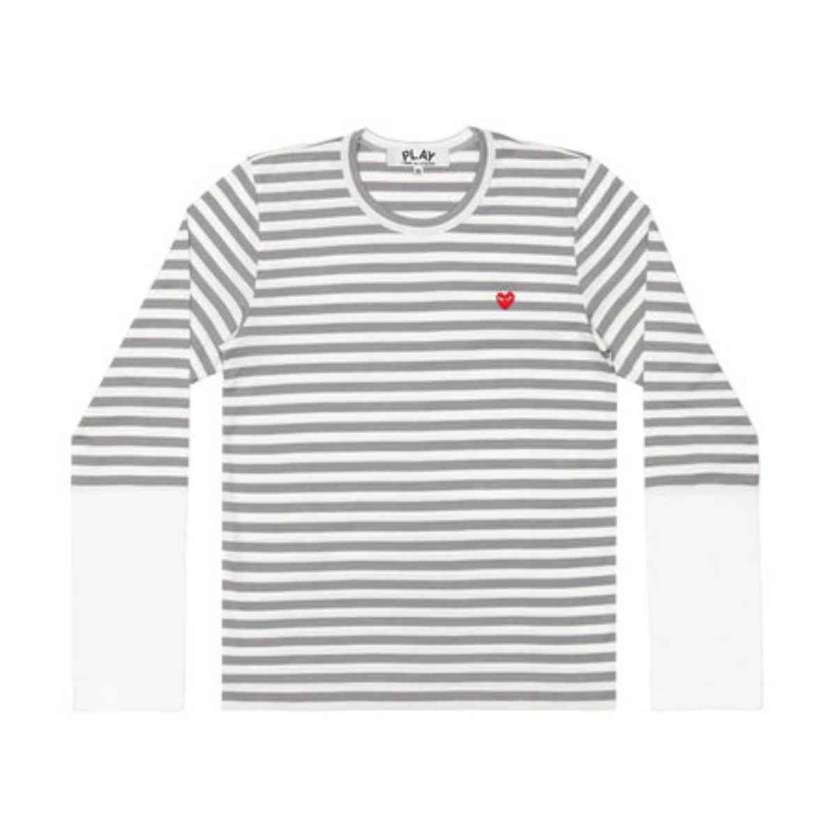 Comme Des Garçons Small Red Heart Striped Long Sleeve T-Shirt Grey White