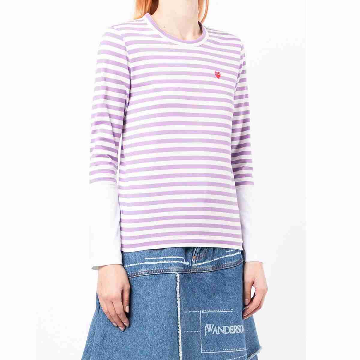 Comme Des Garçons Small Red Heart Striped Long Sleeve T-Shirt Purple White