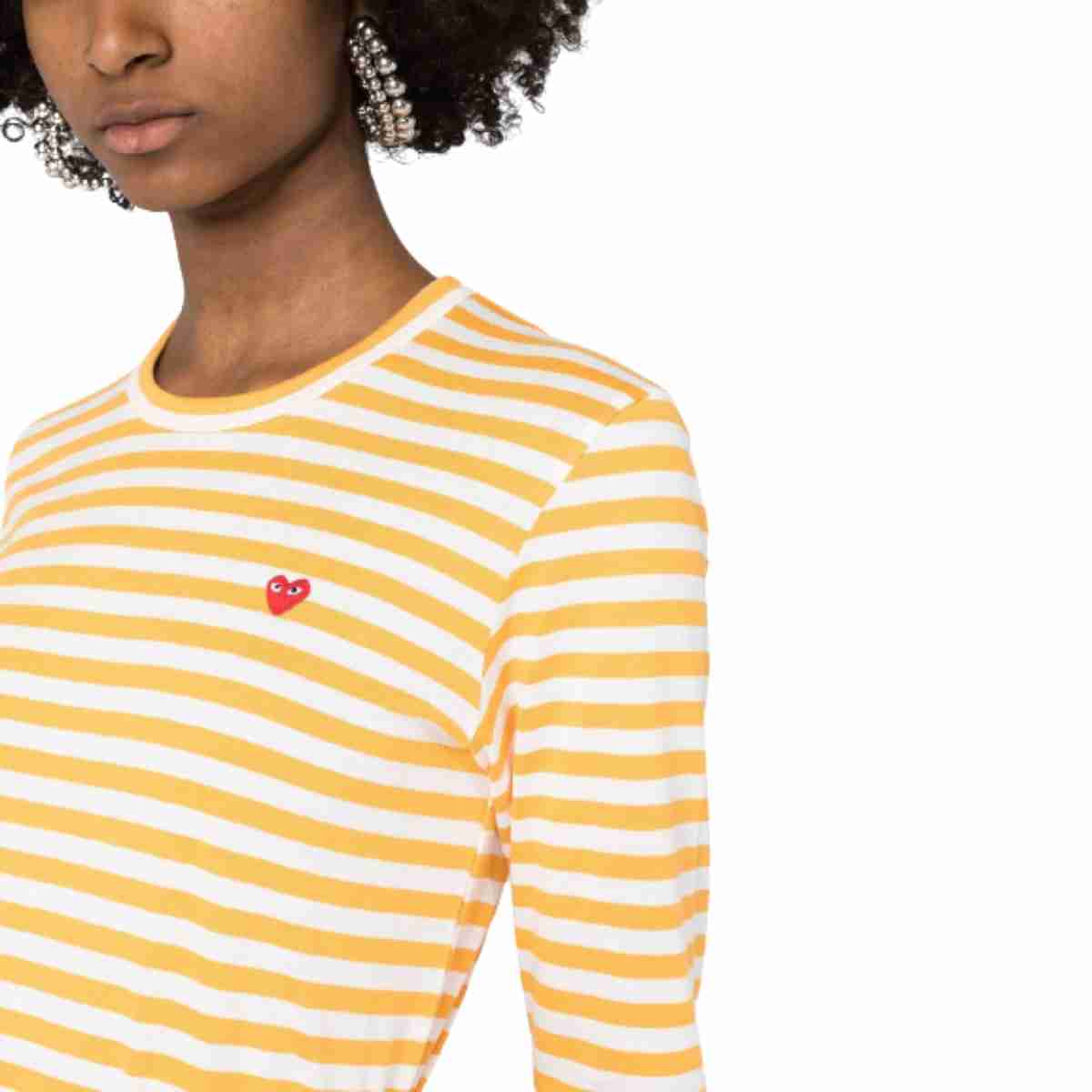 Comme Des Garçons Small Red Heart Striped Long Sleeve T-Shirt Yellow White