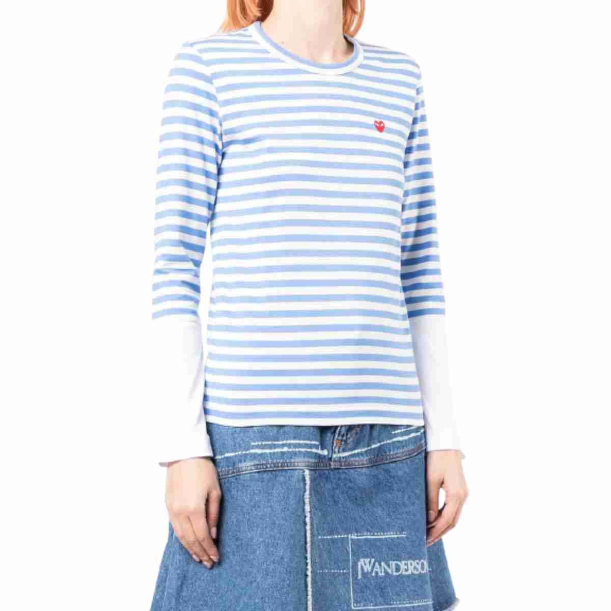 Comme Des Garçons Small Red Heart Striped Long Sleeve T-Shirt Blue White