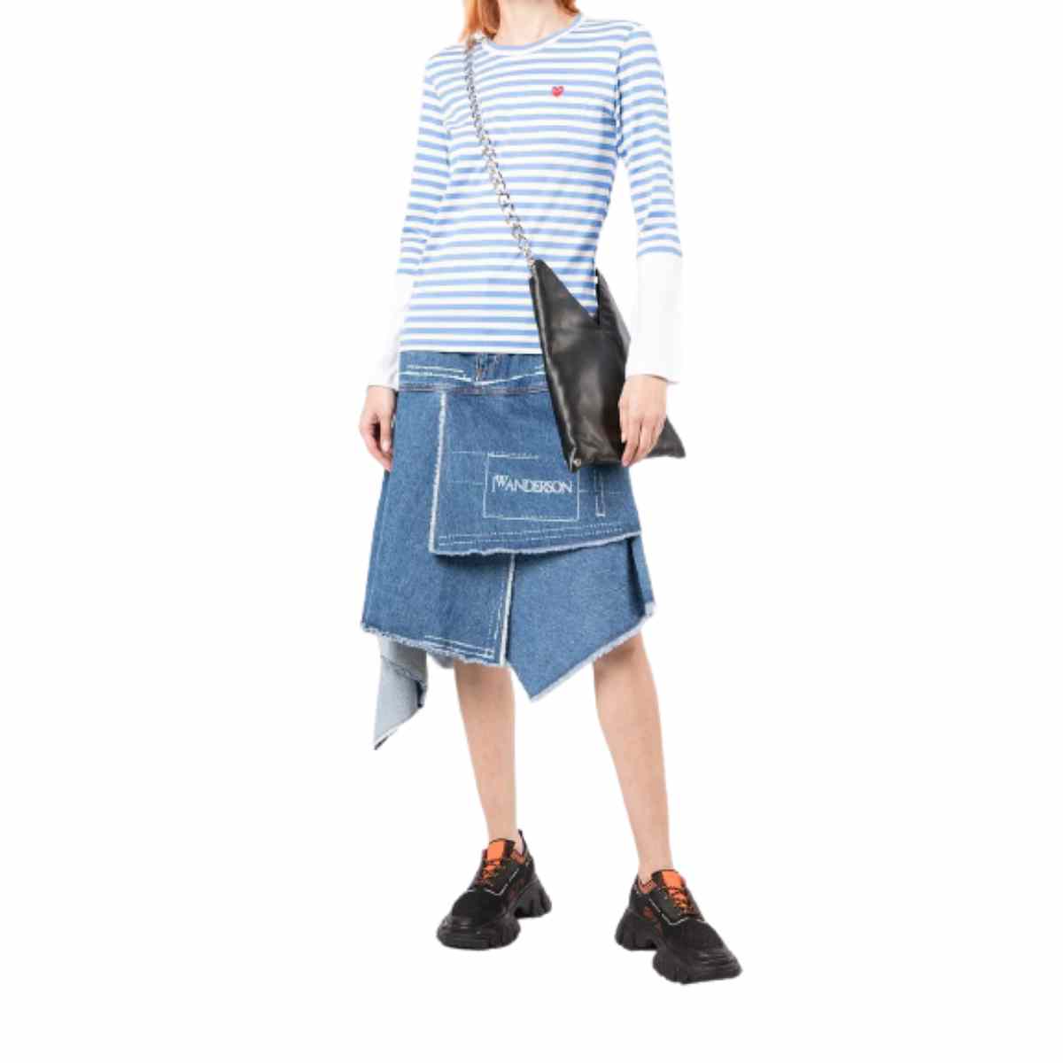 Comme Des Garçons Small Red Heart Striped Long Sleeve T-Shirt Blue White
