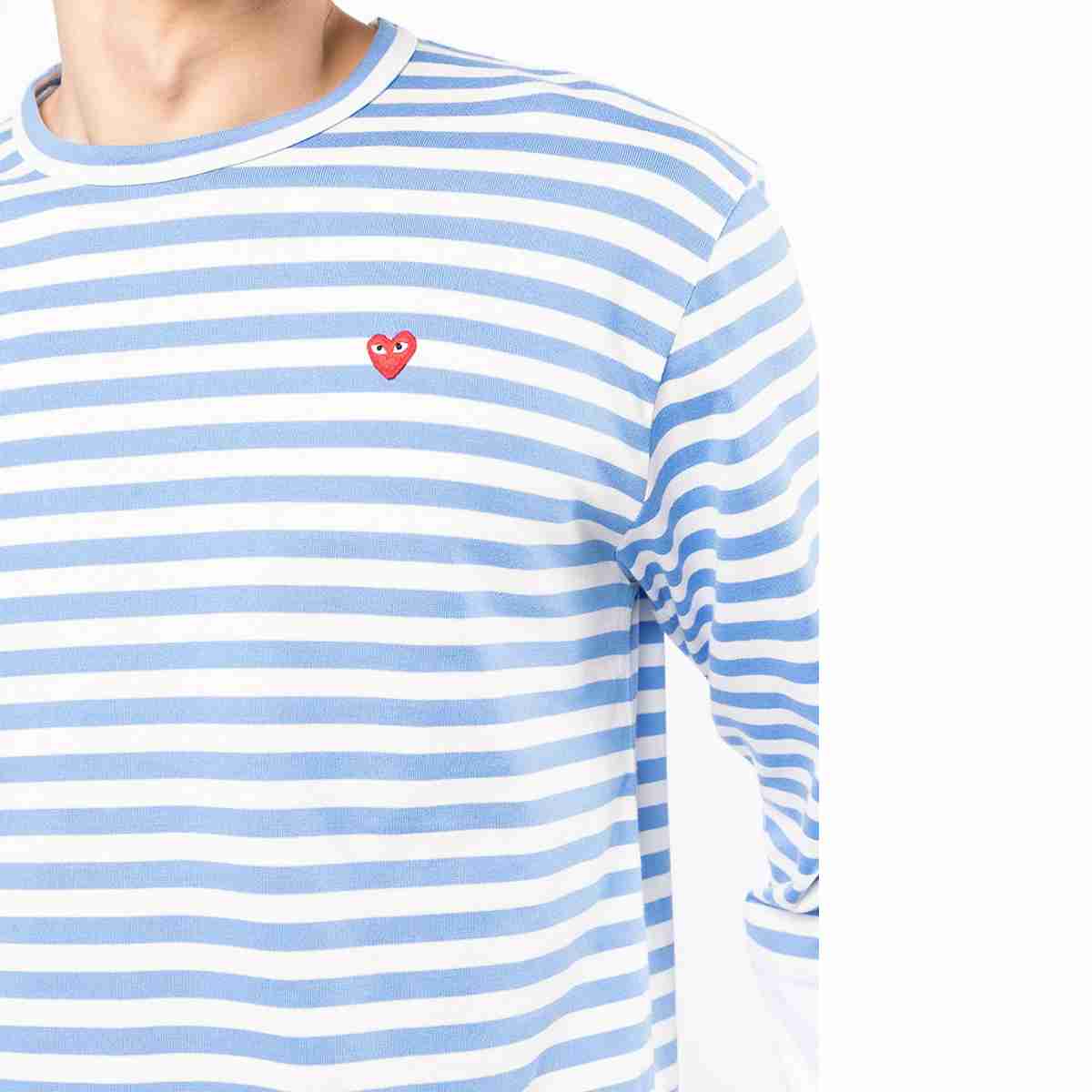 Comme Des Garçons Small Red Heart Striped Long Sleeve T-Shirt Blue White