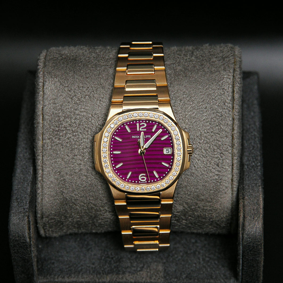 Patek Philippe Nautilus 32 Ladies RG Lacquered Purple Dial Diamond Bezel 7010/1R-013