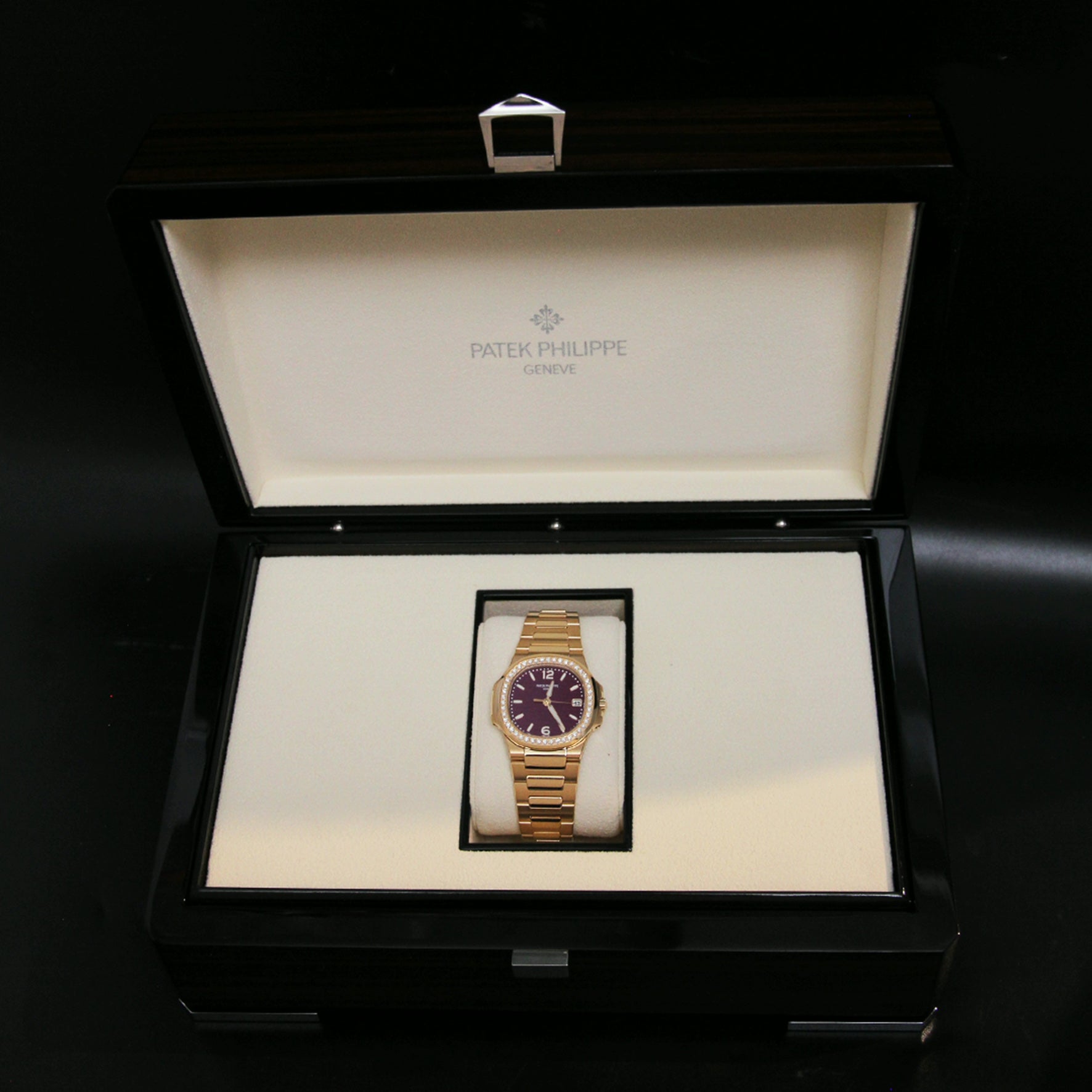 Patek Philippe Nautilus 32 Ladies RG Lacquered Purple Dial Diamond Bezel 7010/1R-013