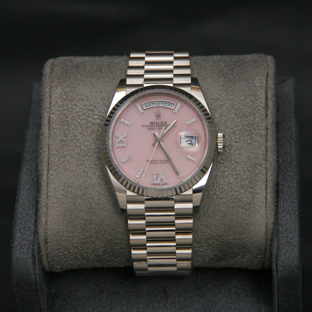 Day Date 36 WG Pink Opal Roman Diamond Dial 128239