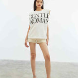 Gentle Woman Padded Shoulder Big Logo Top T-shirt White