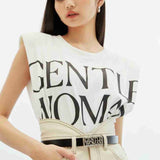 Gentle Woman Padded Shoulder Big Logo Top T-shirt White