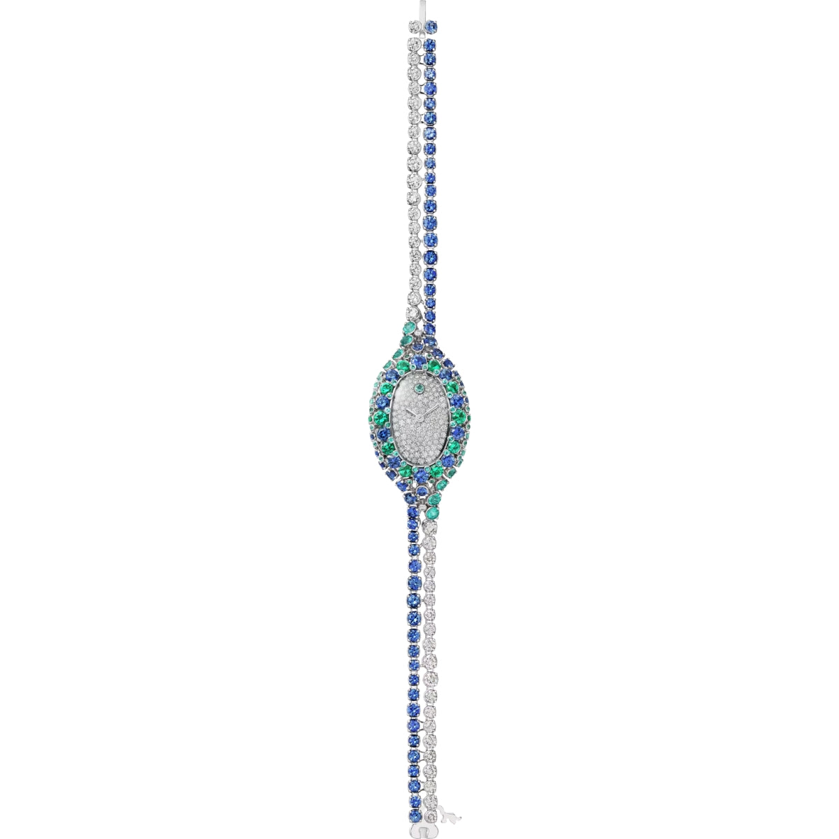 Cartier Baignoire Jewellery Watch Mini White Gold Diamonds Sapphires Emeralds Blue Tourmalines HPI01570