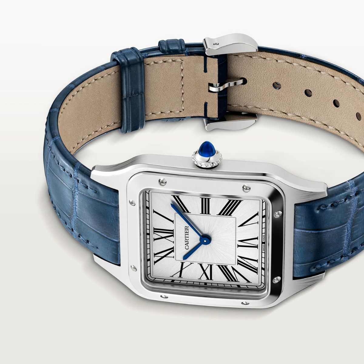 Cartier Santos Dumont Large Silver Dial Croco Embossed Leather Strap Blue WSSA0085