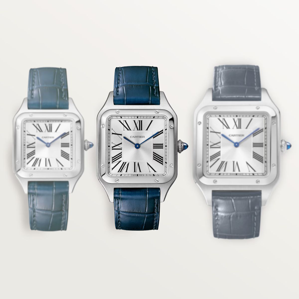 Cartier Santos Dumont Large Silver Dial Croco Embossed Leather Strap Blue WSSA0085