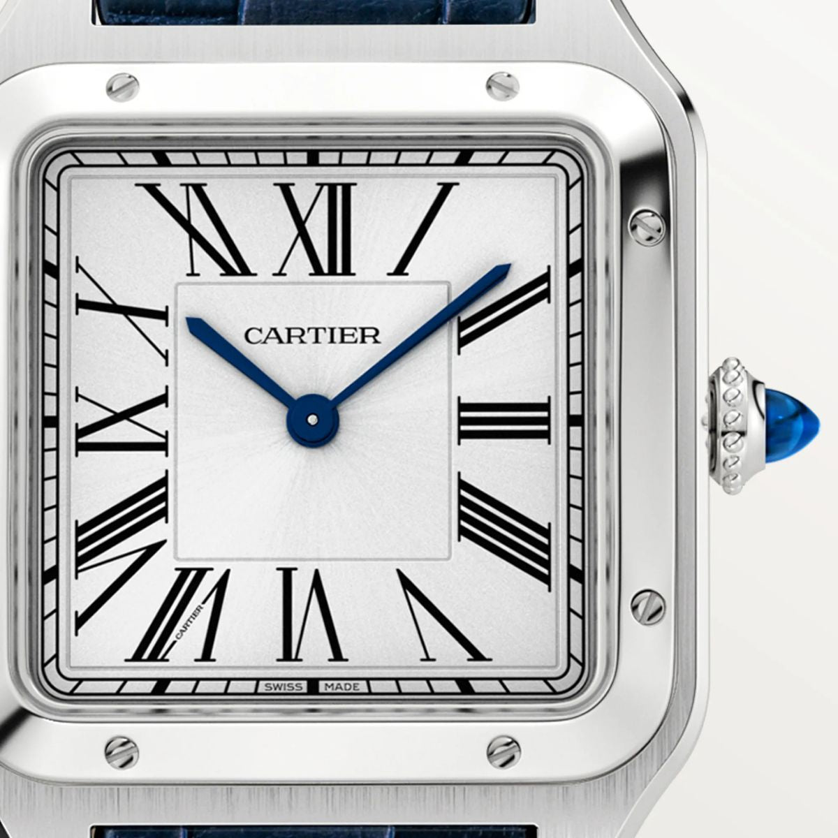 Cartier Santos Dumont Large Silver Dial Croco Embossed Leather Strap Blue WSSA0085