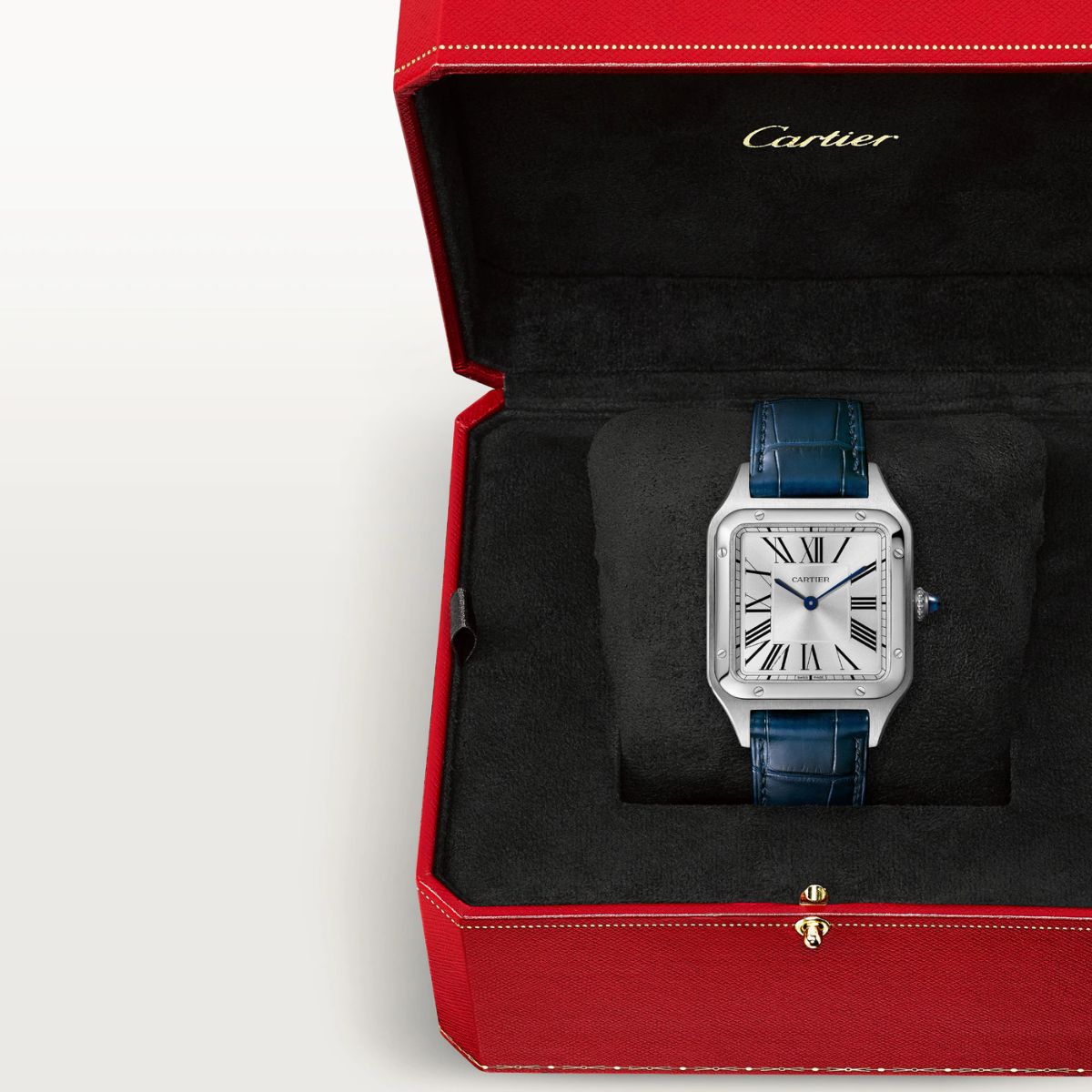 Cartier Santos Dumont Large Silver Dial Croco Embossed Leather Strap Blue WSSA0085
