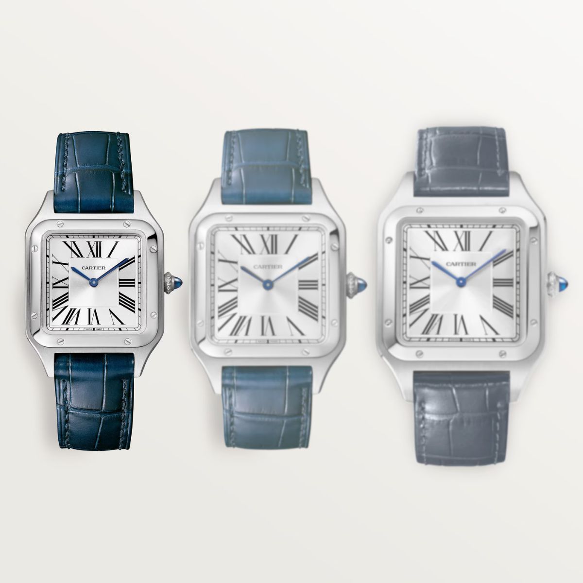 Cartier Santos Dumont Small Silver Dial Croco Embossed Leather Strap Blue WSSA0086