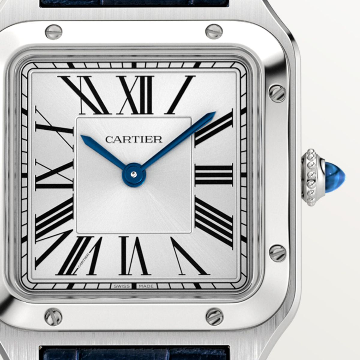 Cartier Santos Dumont Small Silver Dial Croco Embossed Leather Strap Blue WSSA0086