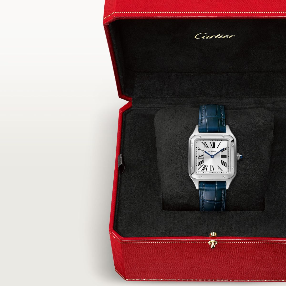 Cartier Santos Dumont Small Silver Dial Croco Embossed Leather Strap Blue WSSA0086