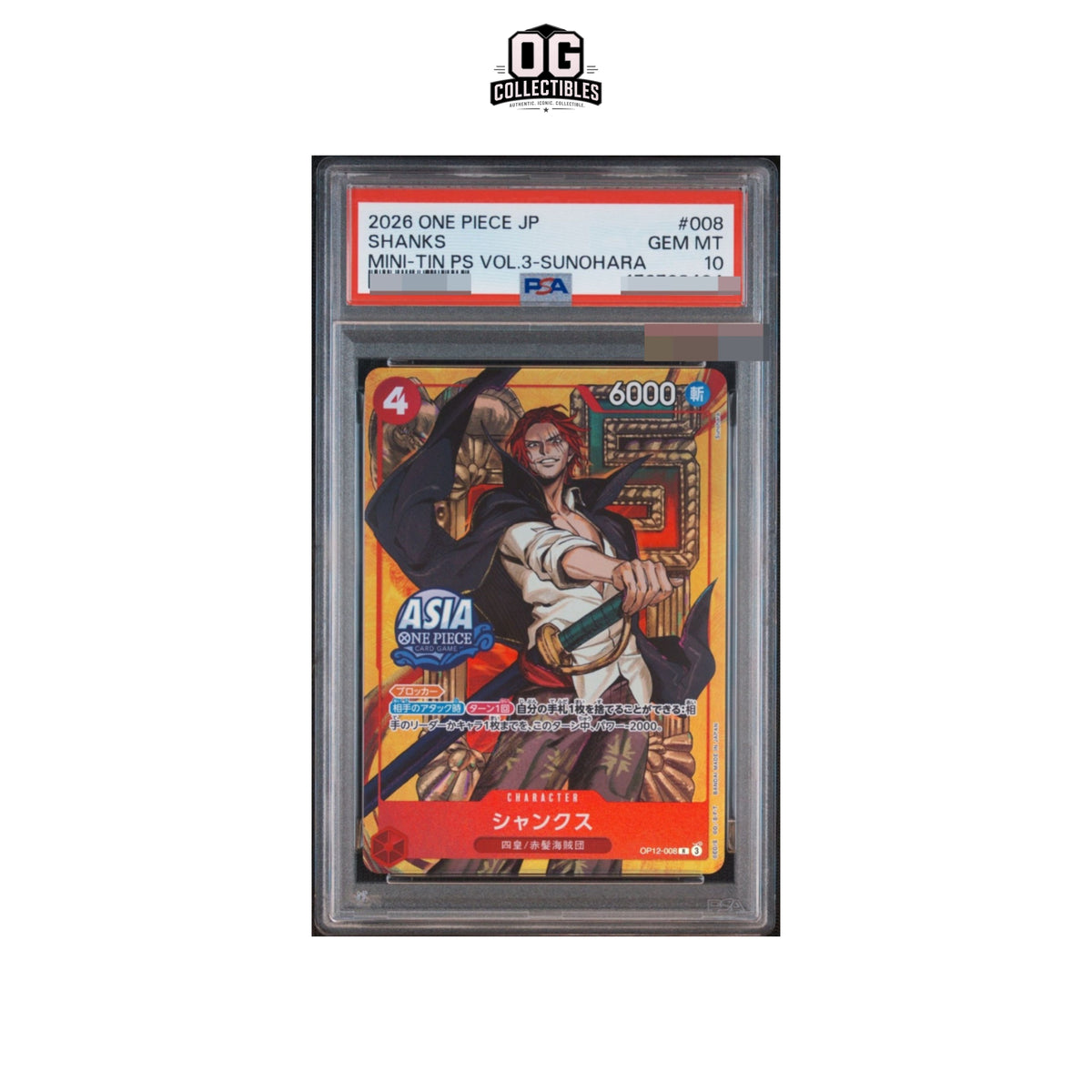 One Piece Card PSA 10 Shanks R OP12-008 Aisa Ver Promotional Card Mini-Tin Pack Set Vol.3