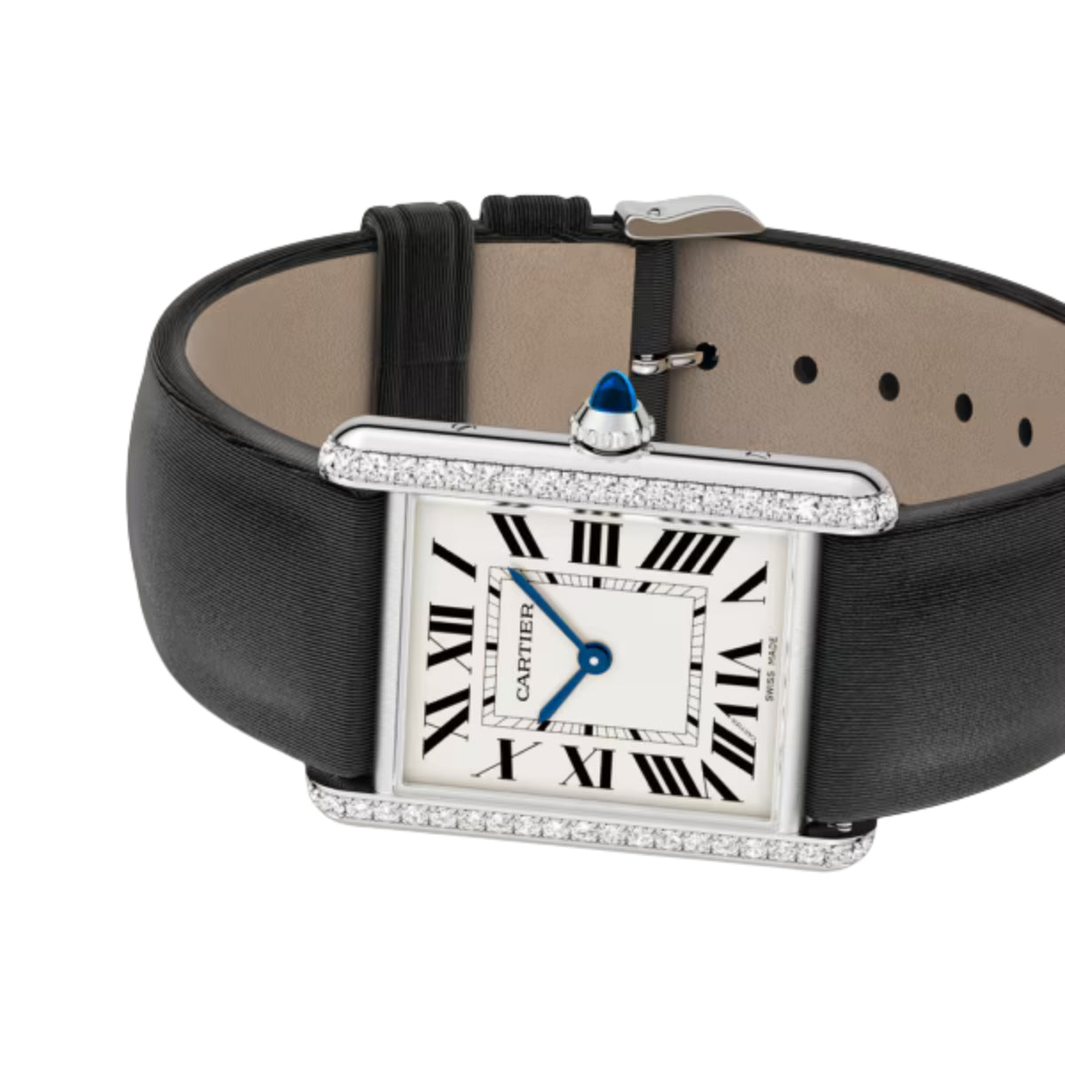 Cartier Tank Must De Cartier Horloge Large Steel Diamonds Black Brushed Calfskin Leather W4TA0030