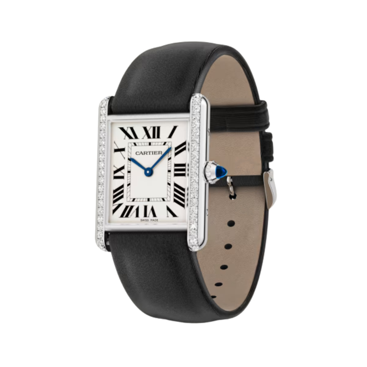 Cartier Tank Must De Cartier Horloge Large Steel Diamonds Black Brushed Calfskin Leather W4TA0030