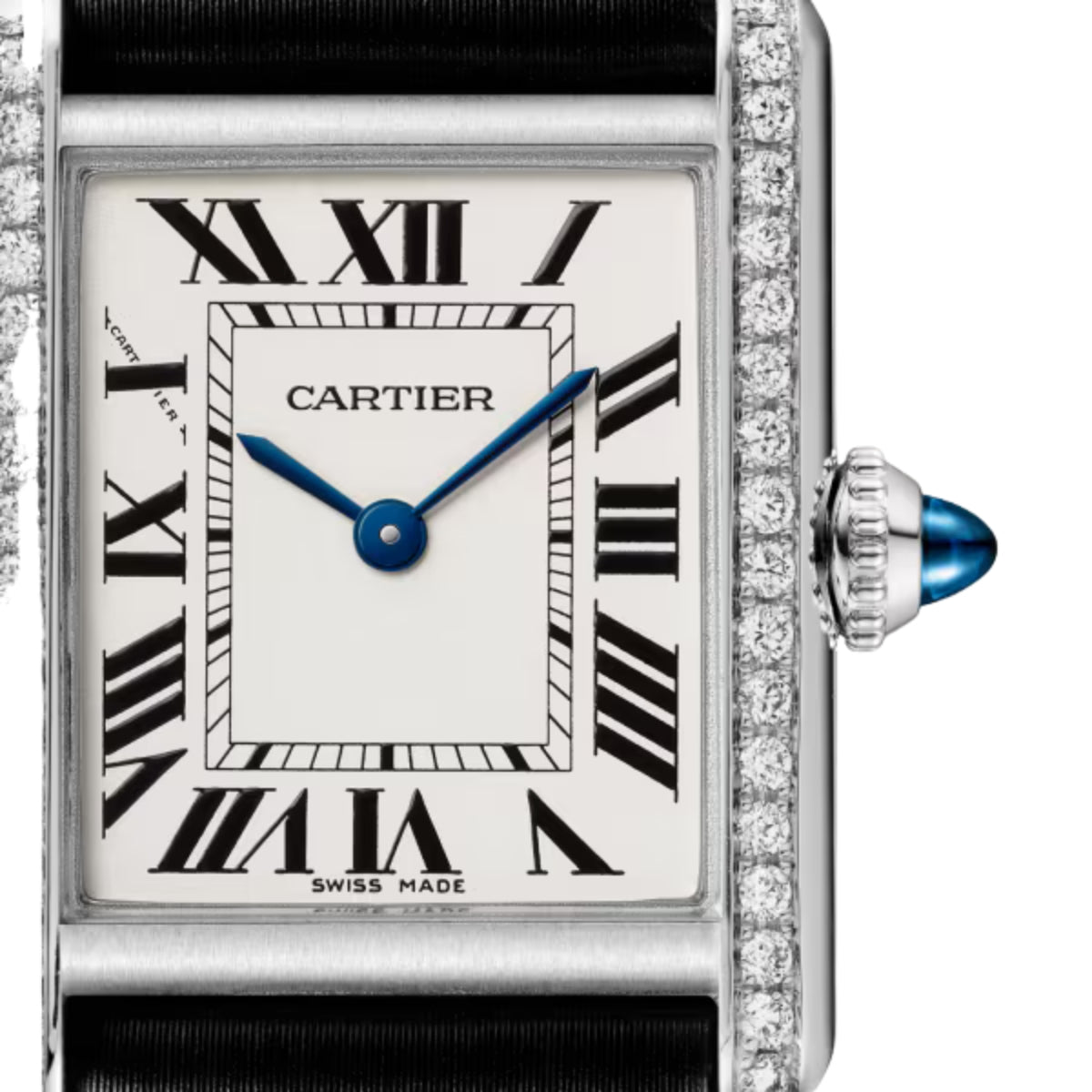 Cartier Tank Must De Cartier Small Steel Diamonds Black Brushed Calfskin Leather W4TA0031
