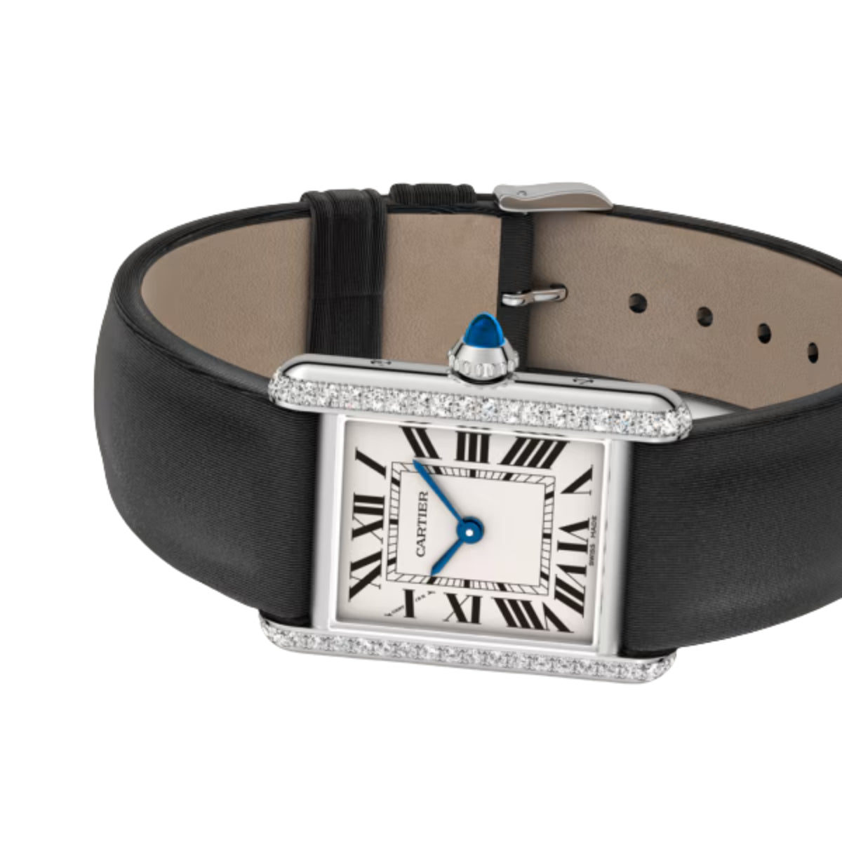 Cartier Tank Must De Cartier Small Steel Diamonds Black Brushed Calfskin Leather W4TA0031