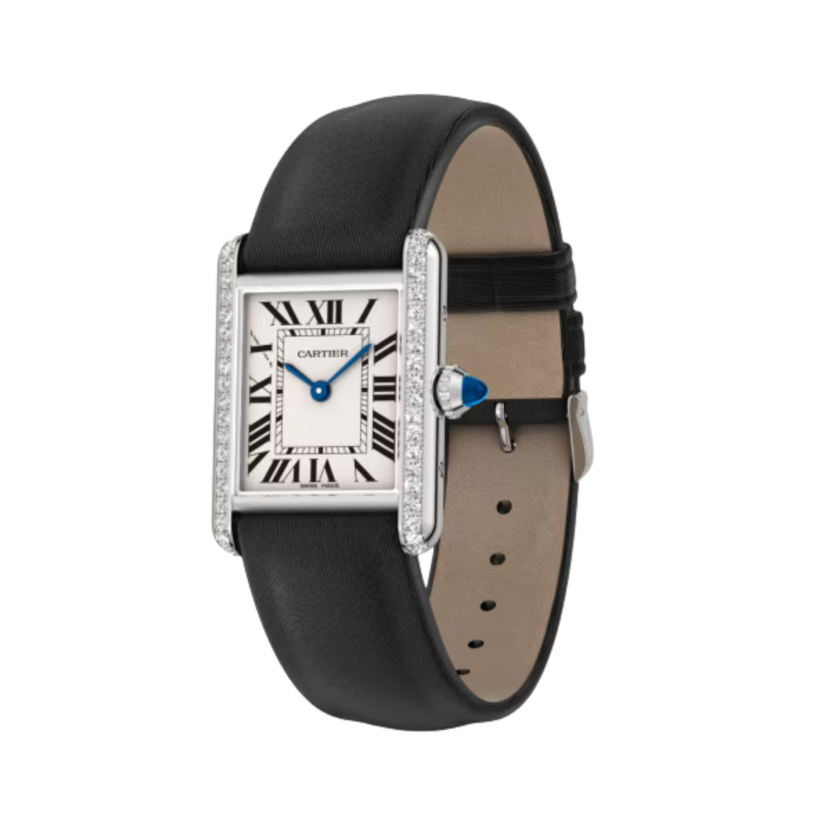 Cartier Tank Must De Cartier Small Steel Diamonds Black Brushed Calfskin Leather W4TA0031