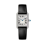 Cartier Tank Must De Cartier Small Steel Diamonds Black Brushed Calfskin Leather W4TA0031