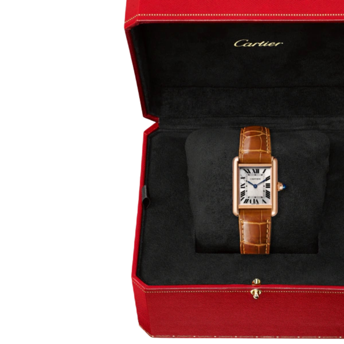 Cartier Tank Louis Cartier Small Rose Gold Shiny Brown Alligator Skin Leather WGTA0010