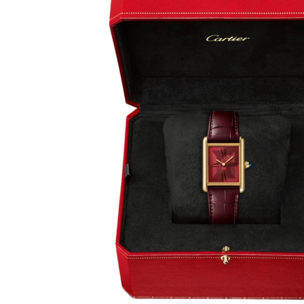 Cartier Tank Louis Cartier Large Yellow Gold Semi Matte Red Alligator Skin Leather WGTA0093
