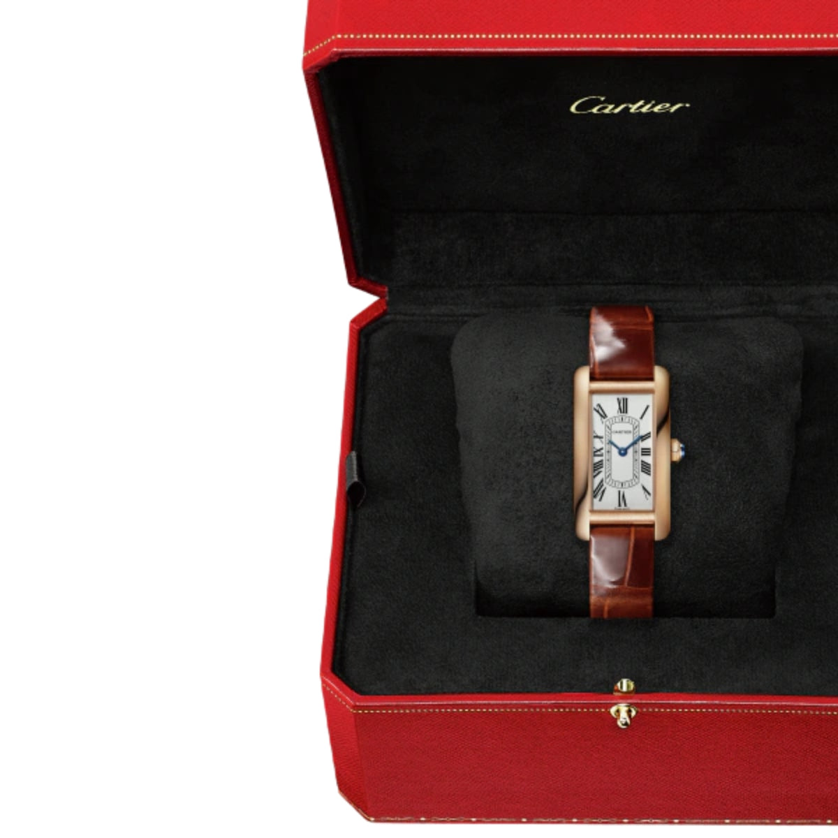 Cartier Tank Americaine Small Rose Gold Dark Brown Shiny Alligator Skin Leather WGTA0133