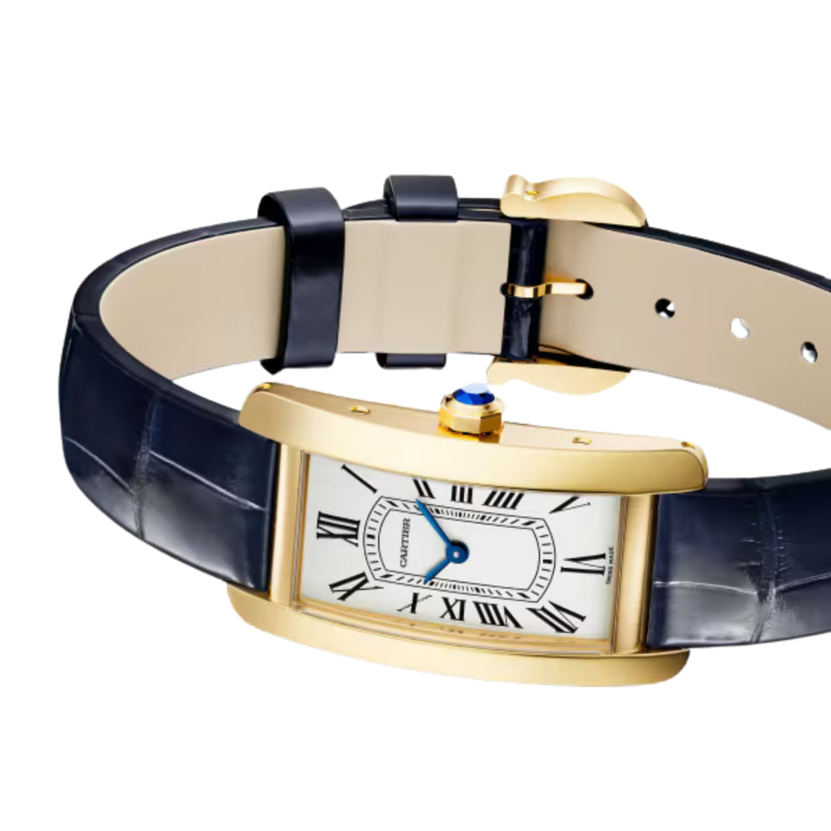 Cartier Tank Americaine Small Yellow Gold Shiny Navy Blue Alligator Leather WGTA0299