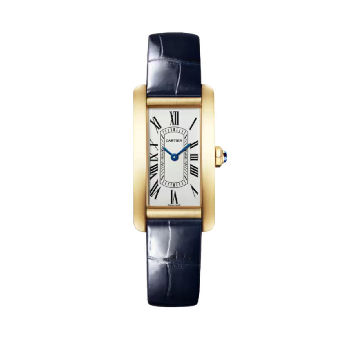 Cartier Tank Americaine Small Yellow Gold Shiny Navy Blue Alligator Leather WGTA0299