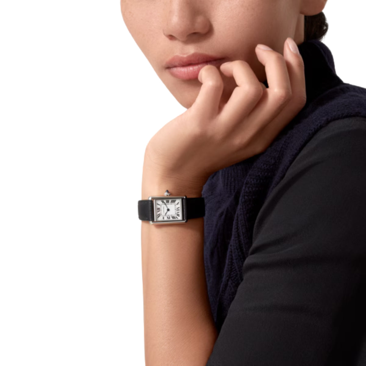 Cartier Tank Must De Cartier Small Steel Black Grained Calfskin Leather WSTA0110