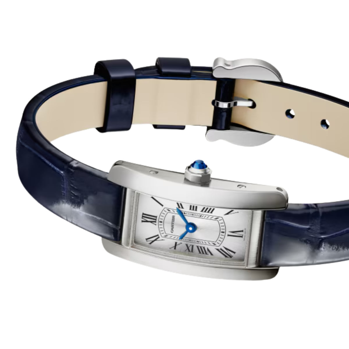 Cartier Tank Americaine Mini Steel Shiny Blue Alligator Skin Leather WSTA0116