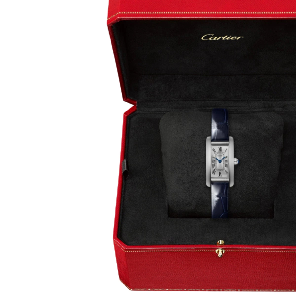 Cartier Tank Americaine Mini Steel Shiny Blue Alligator Skin Leather WSTA0116