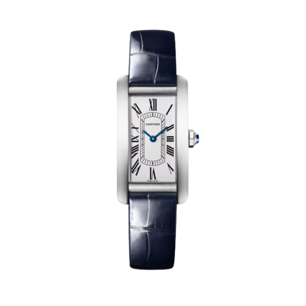 Cartier Tank Americaine Small Steel Shiny Blue Alligator Skin Leather WSTA0117